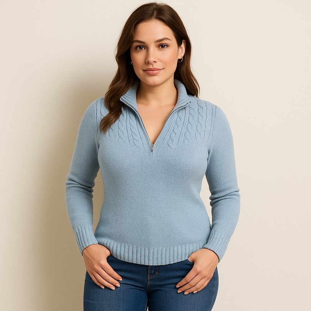Karen Scott Light Blue Cable‑Knit Half‑Zip Sweater (Large)